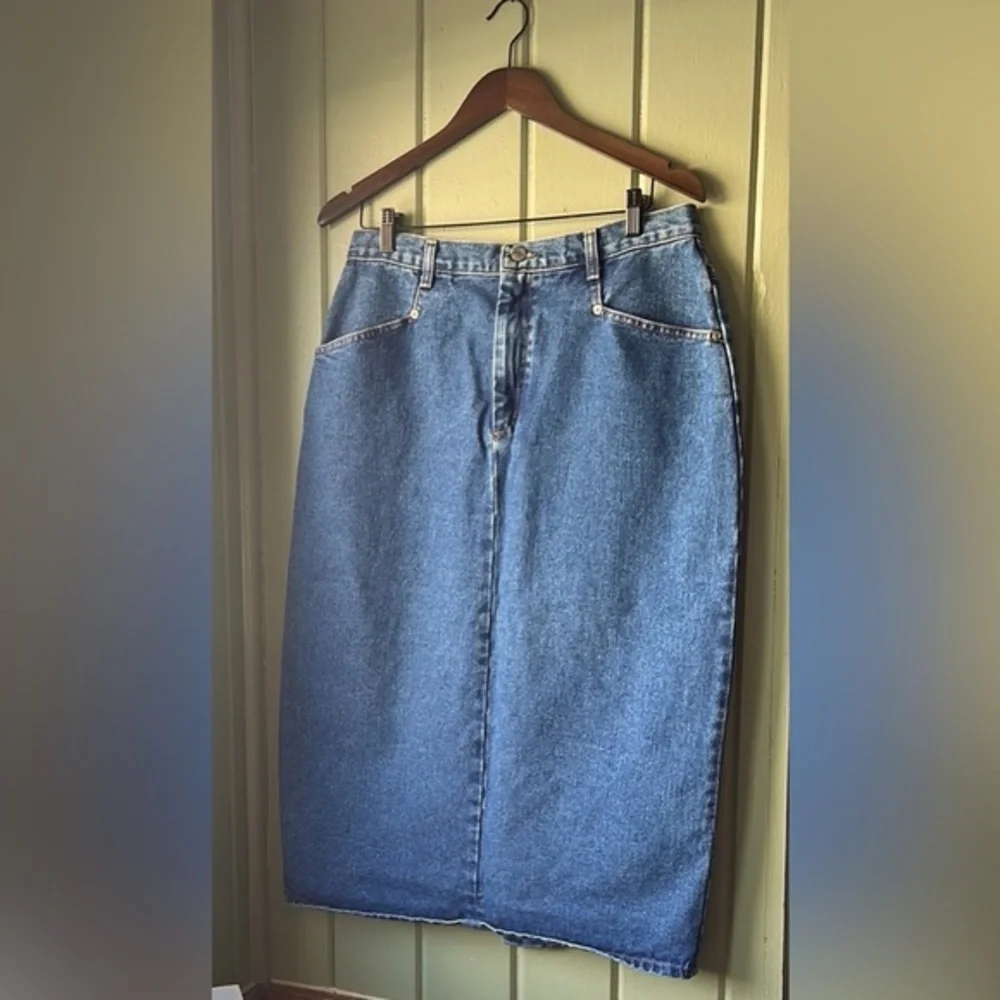 Vintage 90s USA Made Denim Midi Skirt Women 16 High Rise Blue Jean Skirt Normcor